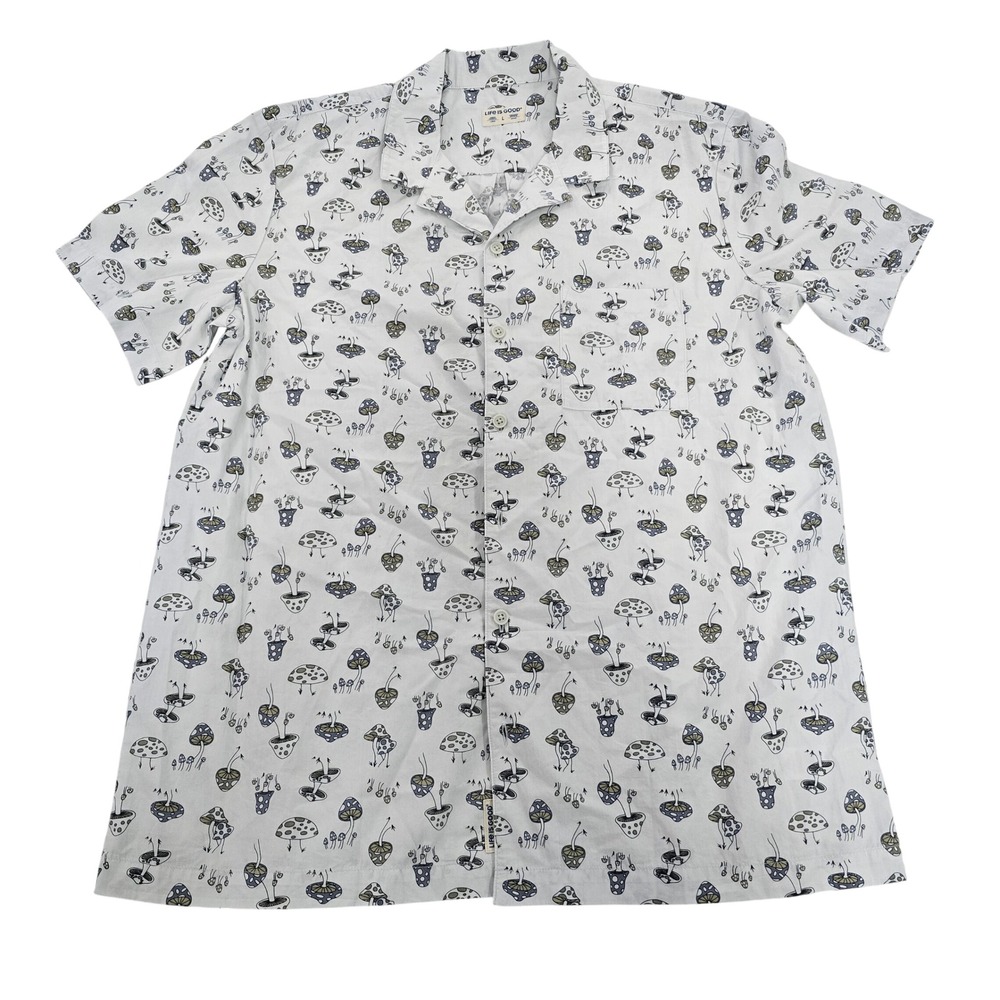Life Is Good‎ Button Up Shirt Large Mushroom Print White NWT